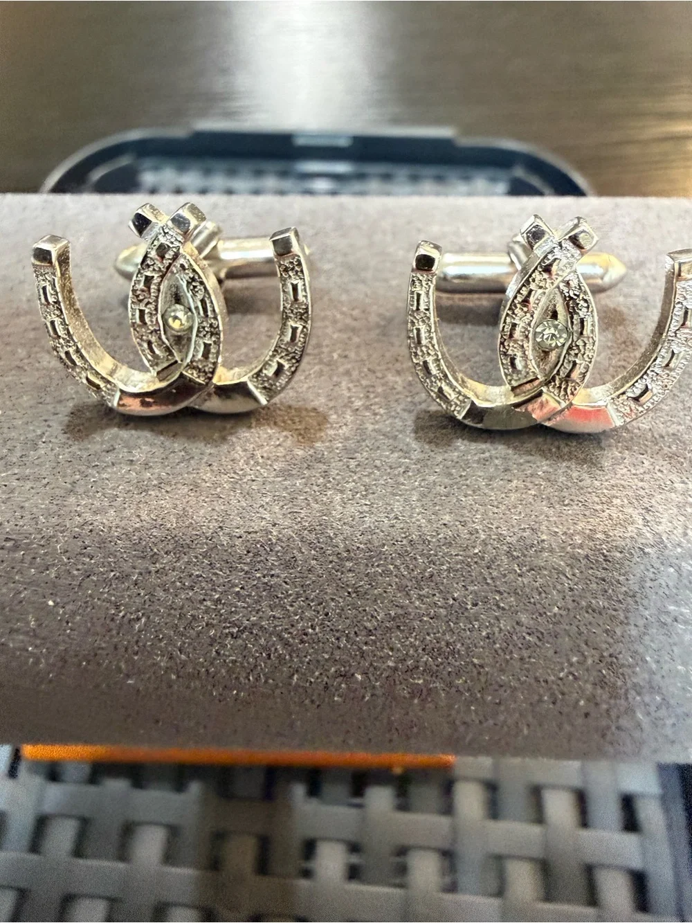 Vintage Swank Horseshoe Cufflinks Silver Tone Clear Rhinestone Lucky Equestrian